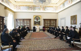 Pope Francis with French priests studying in Rome during a meeting at the Vatican on June 7, 2021. Credit: Vatican Media/CNA.